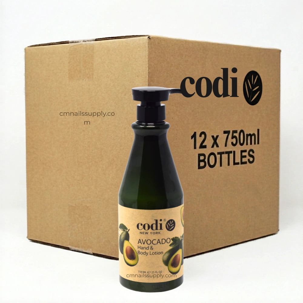 Bottle of codi Avocado Hand & Body Lotion with a cardboard box labeled '12 x 750ml Bottles'.