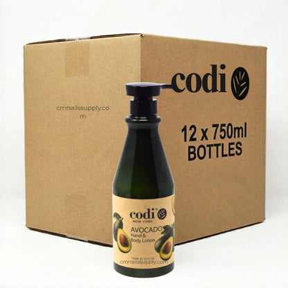 Bottle of codi Avocado Hand & Body Lotion with a cardboard box labeled '12 x 750ml Bottles'.