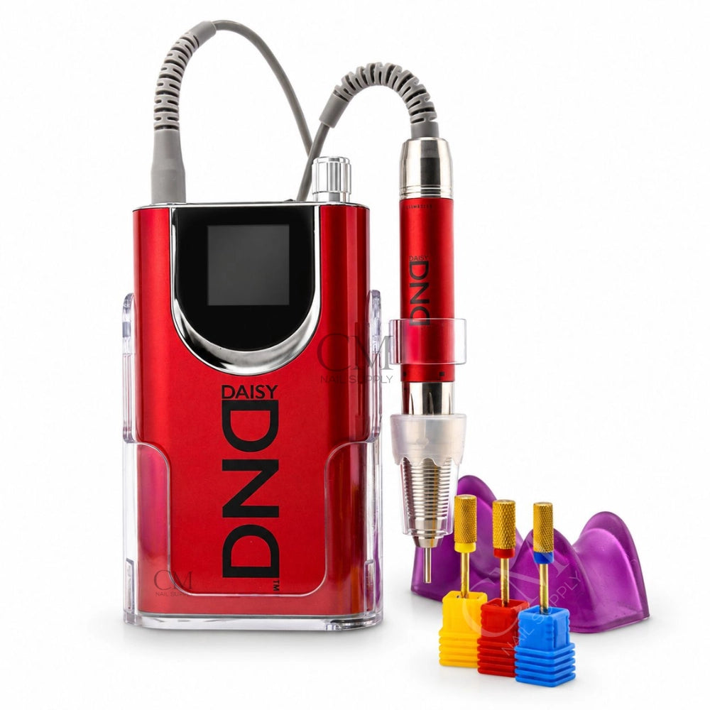Red cordless nail drill machine by DND with included handpiece rest and nail drill bit set (fine, medium and coarse) 
