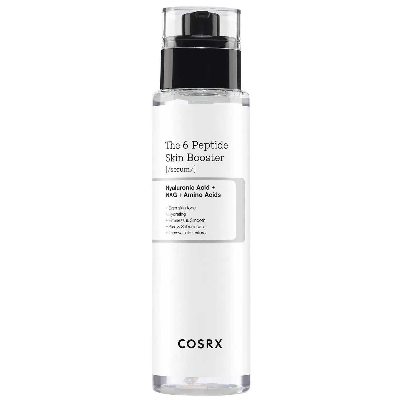 Front view of the COSRX 6 Peptide Skin Booster Serum bottle showing the 150ml label