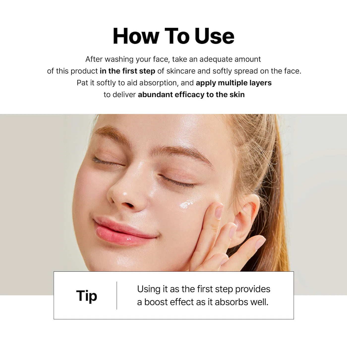 Skincare COSRX peptide serum bottle and pump usage guide with a woman applying cream to her face.