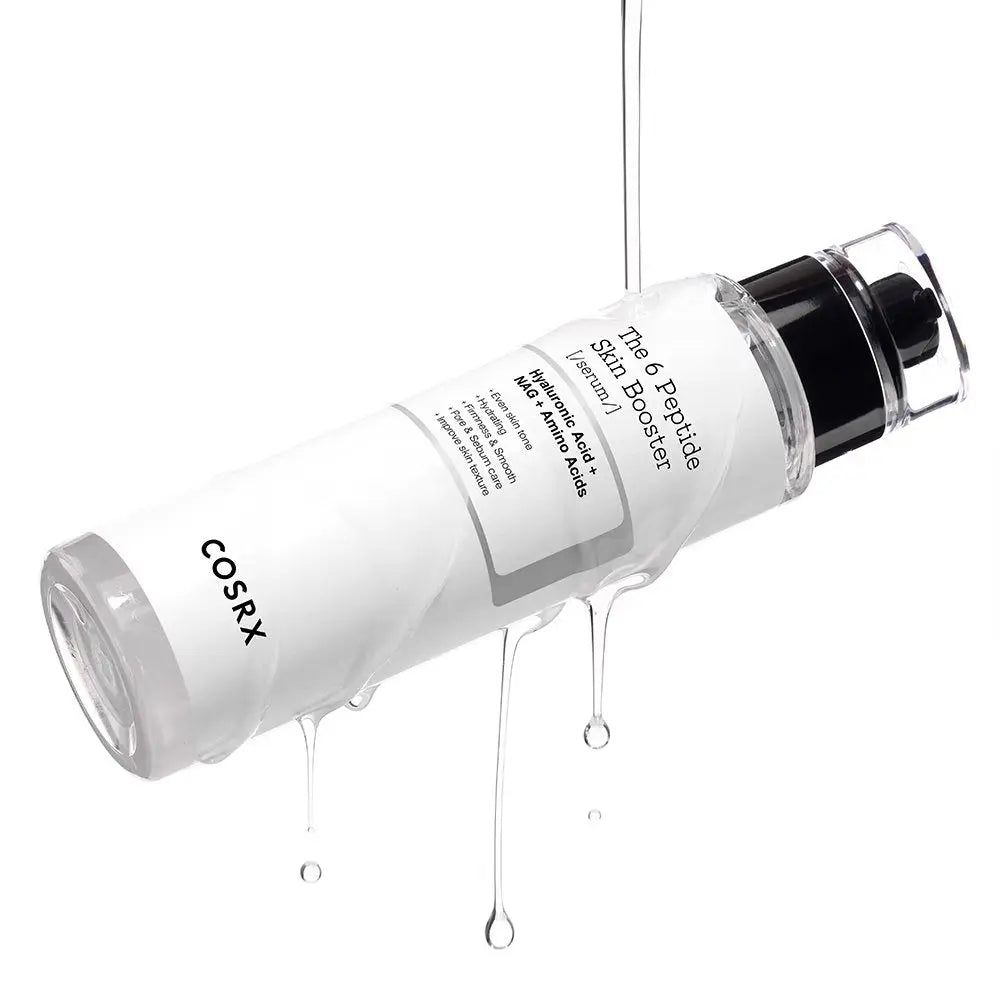 COSRX The 6 Peptide Skin Booster in a clear cylindrical bottle with a white label and black pump, shown on a white background with stylized liquid droplets dripping around it.