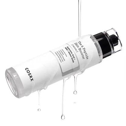 COSRX The 6 Peptide Skin Booster in a clear cylindrical bottle with a white label and black pump, shown on a white background with stylized liquid droplets dripping around it.