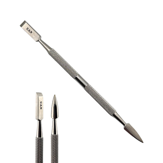 Cuticle pusher and gel polish remover tool made of stainless steel for professional use in Canada.