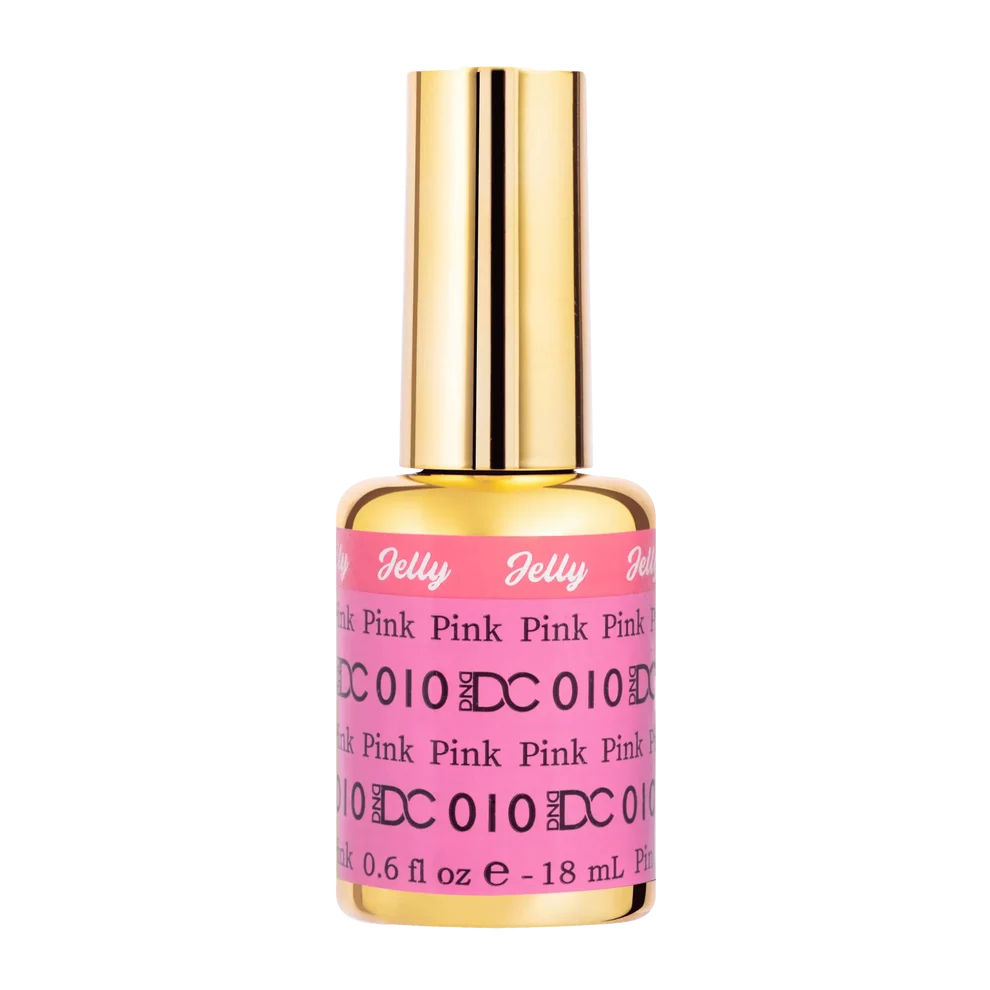 DC Jelly 010 Pink gel polish nail lacquer bottle showing the jelly gel polish formula in a bright pink shade with neon purple undertone