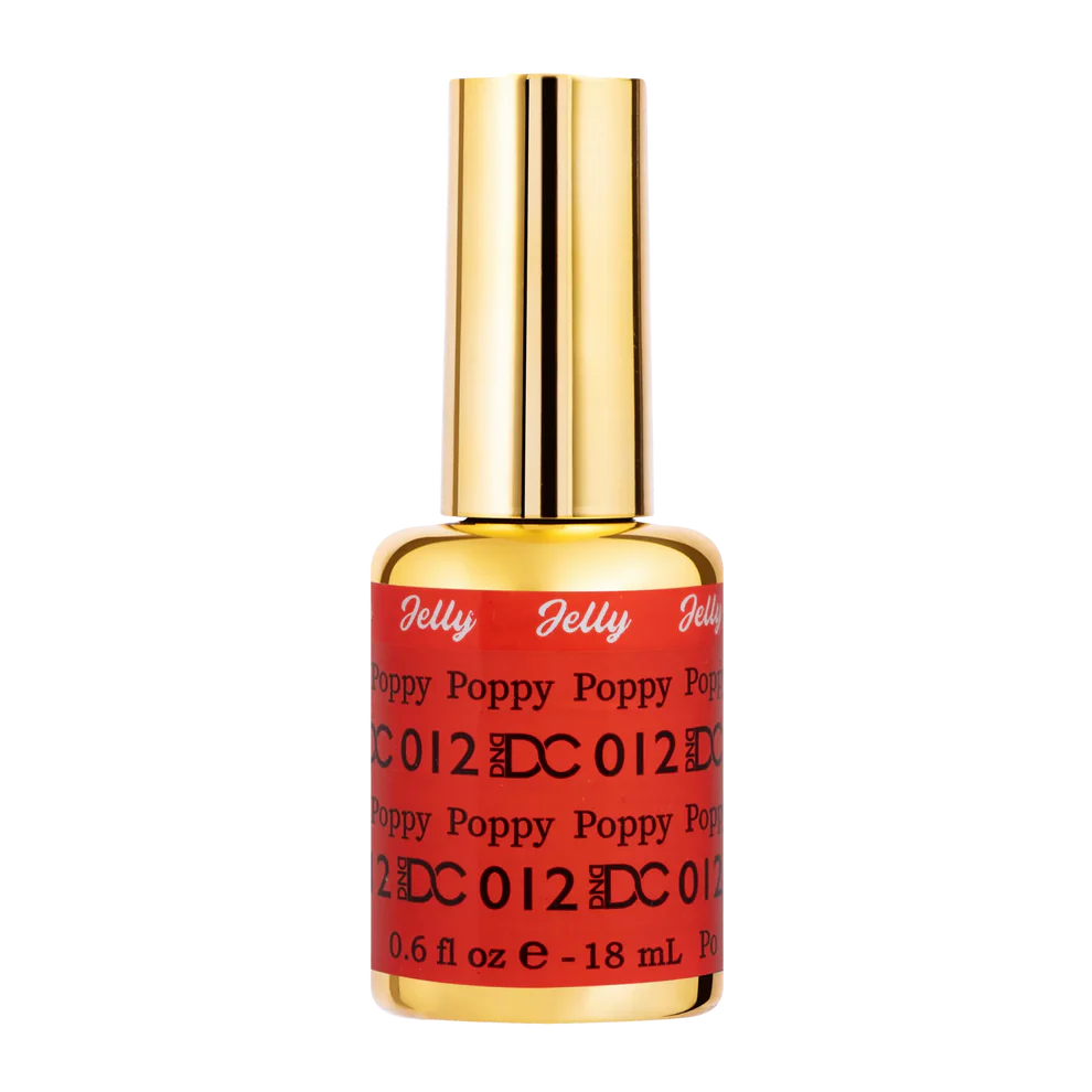 DC Jelly 012 Poppy gel polish nail lacquer bottle showing the jelly gel polish formula in a bright coral shade