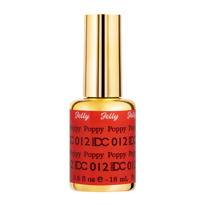 DC Jelly 012 Poppy gel polish nail lacquer bottle showing the jelly gel polish formula in a bright coral shade