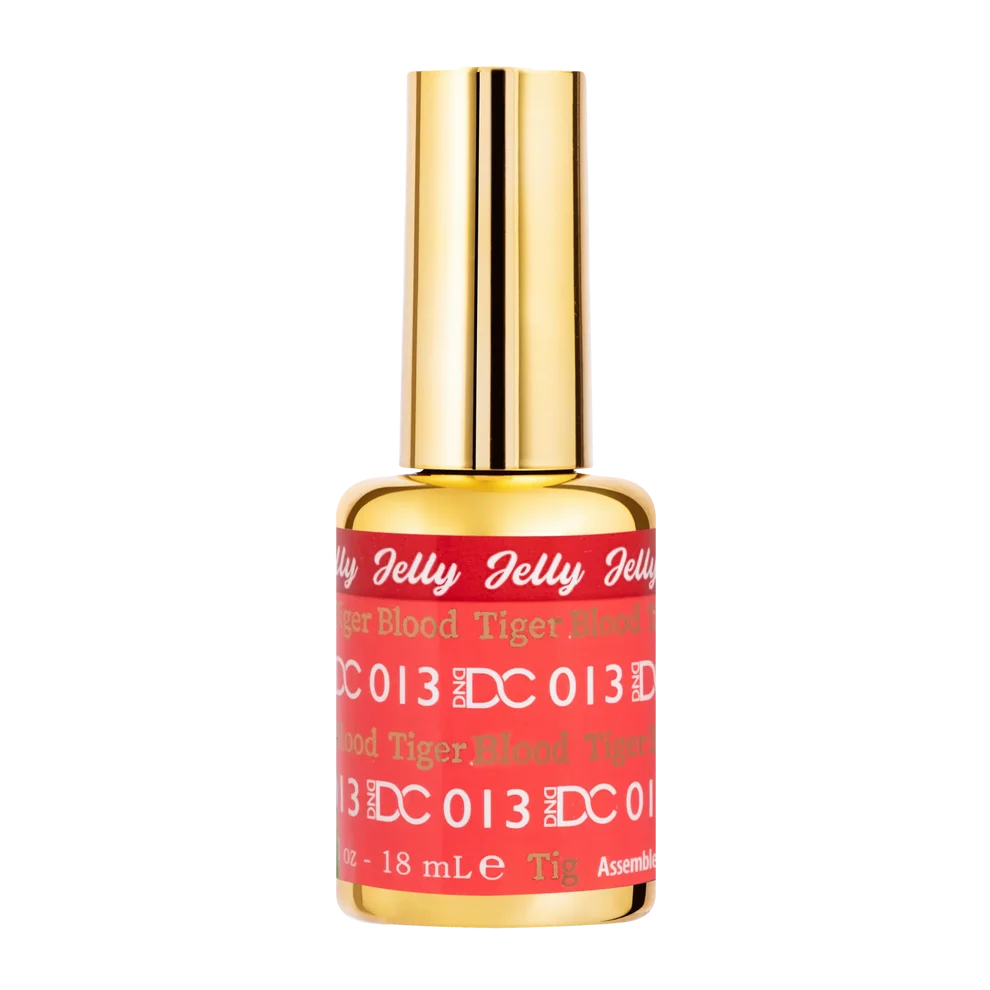 DC Jelly 013 Tiger Blood gel polish nail lacquer bottle showing the jelly gel polish formula in a fiery red shade