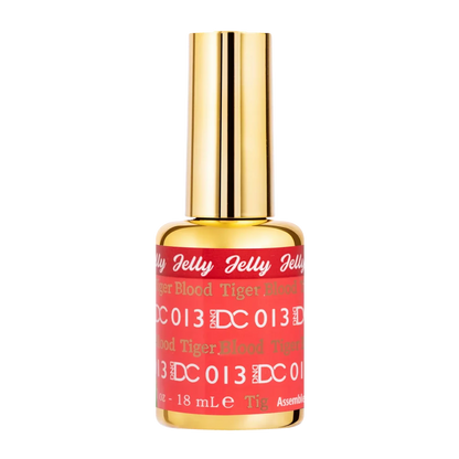 DC Jelly 013 Tiger Blood gel polish nail lacquer bottle showing the jelly gel polish formula in a fiery red shade