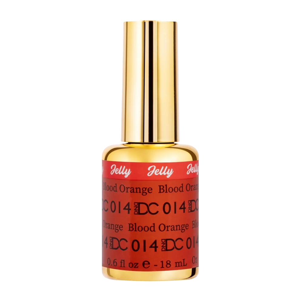DC Jelly 014 Blood Orange gel polish nail lacquer bottle showing the jelly gel polish formula in a neon dark orange shade
