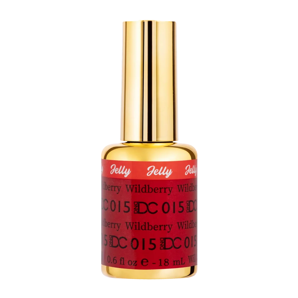 DC Jelly 015 Wildberry gel polish nail lacquer bottle showing the jelly gel polish formula in a strawberry red shade