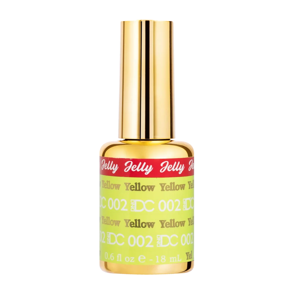 DC Jelly #02 Yellow jelly gel polish bottle next to a bright fluorescent yellow nail colour swatch.