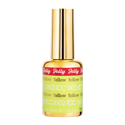 DC Jelly #02 Yellow jelly gel polish bottle next to a bright fluorescent yellow nail colour swatch.