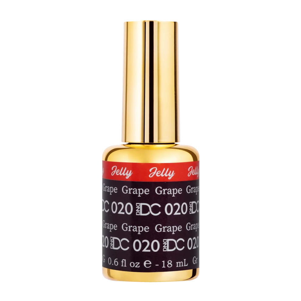 DC Jelly 020 Grape gel polish nail polish bottle showing the jelly gel polish formula in a warm purple shade