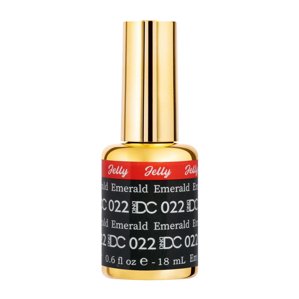 DC Jelly 022 Emerald gel polish nail polish bottle showing the jelly gel polish formula in an emerald green shade