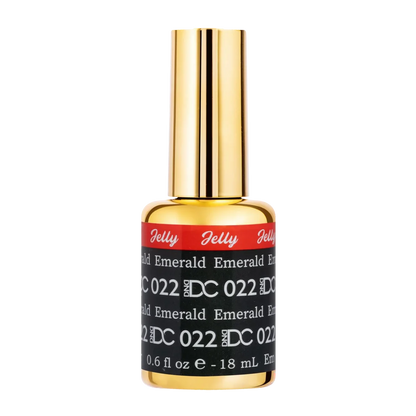 DC Jelly 022 Emerald gel polish nail polish bottle showing the jelly gel polish formula in an emerald green shade
