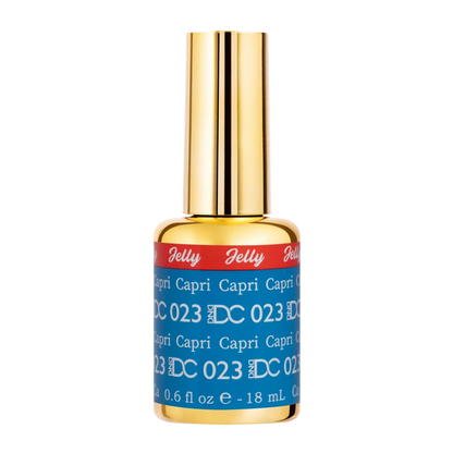DC Jelly 023 Capri gel polish nail polish bottle showing the jelly gel polish formula in a bright azure blue shade