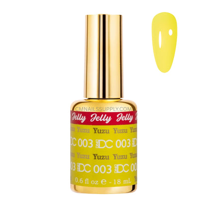 DC Jelly #03 Yuzu jelly gel polish bottle next to a true lemon yellow nail colour swatch.