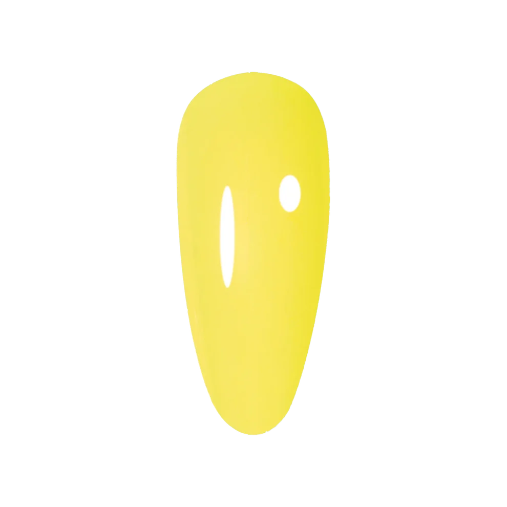 A single bright yellow nail tip with a white oval cutout on the left and a white circular cutout on the right, shown on a plain white background, DC Jelly #03 Yuzu colour swatch showing a true lemon yellow jelly gel polish shade.