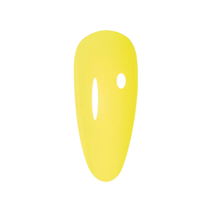 A single bright yellow nail tip with a white oval cutout on the left and a white circular cutout on the right, shown on a plain white background, DC Jelly #03 Yuzu colour swatch showing a true lemon yellow jelly gel polish shade.