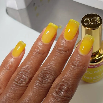 DC Jelly #03 Yuzu manicure featuring a lemon yellow jelly nail polish finish.