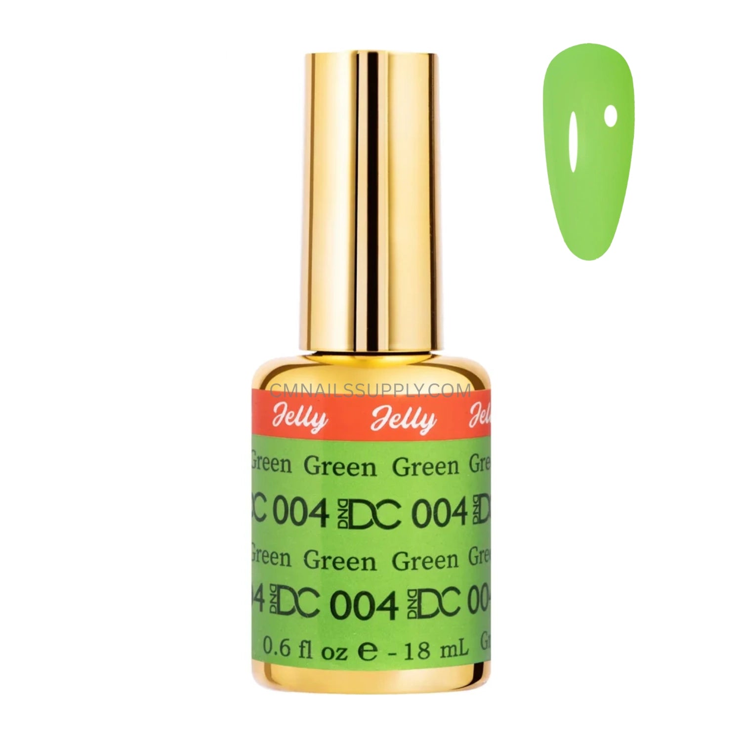 DC Jelly #04 Green jelly gel polish bottle next to a vibrant apple green nail colour swatch.