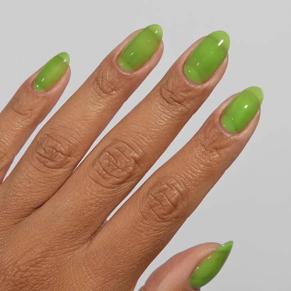 DC Jelly #04 Green manicure featuring a fresh apple green jelly nail polish finish.