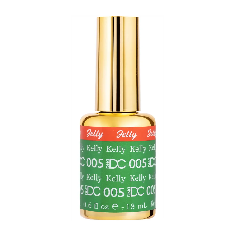 Bottle of DC Jelly 05 Kelly jelly nail polish in an emerald green jelly shade with blue undertones