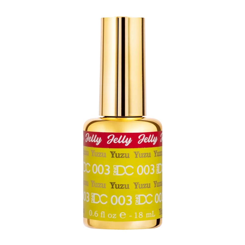 A bottle of DC Jelly Gel Glaze nail polish in shade 003 Yuzu, featuring a shiny gold cap and a yellow label with red accents.