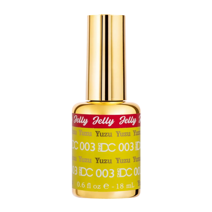 A bottle of DC Jelly Gel Glaze nail polish in shade 003 Yuzu, featuring a shiny gold cap and a yellow label with red accents.