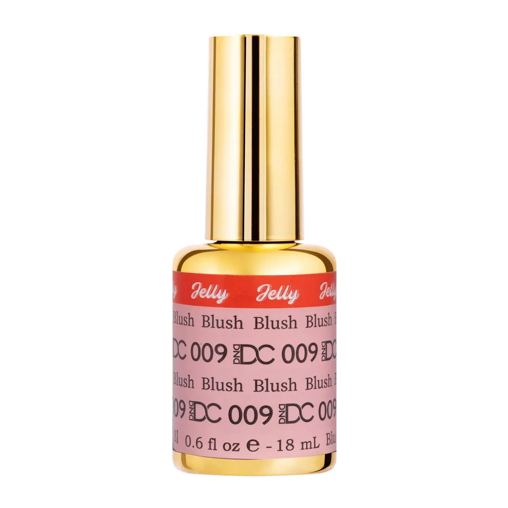 Close up of the DC Jelly nail polish bottle in the Blush shade with brush cap and label visible