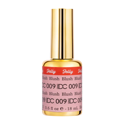 Close up of the DC Jelly nail polish bottle in the Blush shade with brush cap and label visible