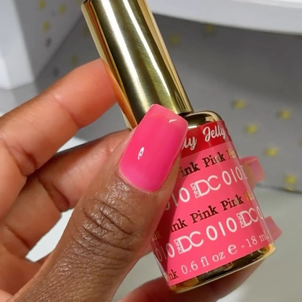 DC Jelly 010 Pink gel polish nail lacquer bottle showing the jelly gel polish formula in a bright pink shade with neon purple undertone
