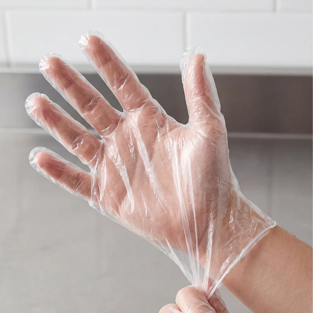 Clear disposable plastic gloves for hair colouring and beauty treatments