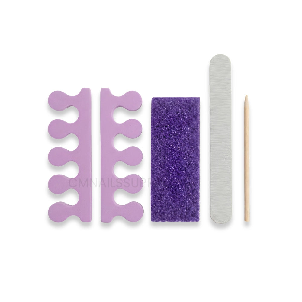 Set of nail care tools including a purple file, sanding block, and wooden stick on a white background. Disposable pedicure kit with 5 single use pedicure tools.