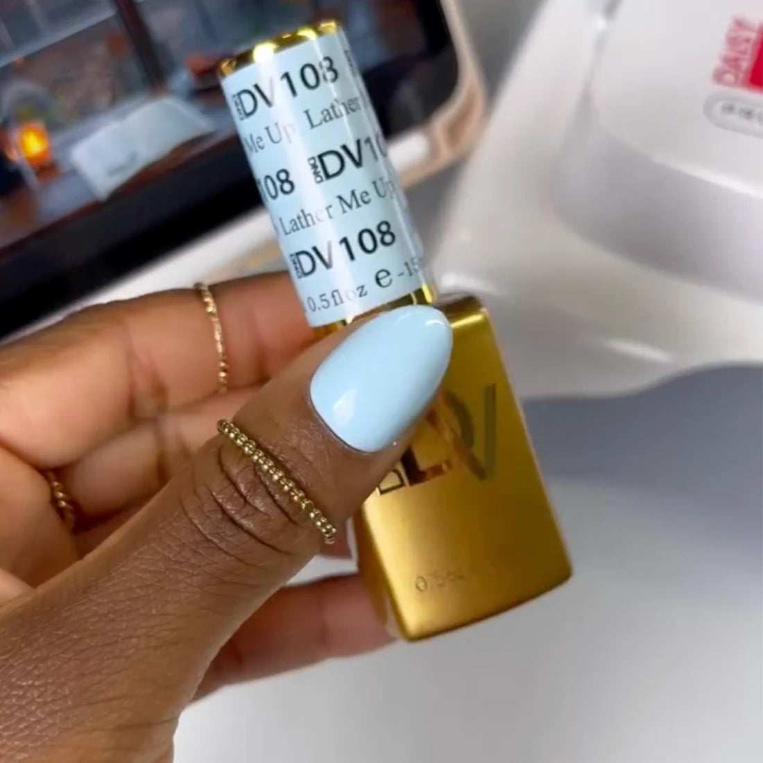 Close up of DIVA 018 Lather Me Up sky blue pastel gel polish swatch
