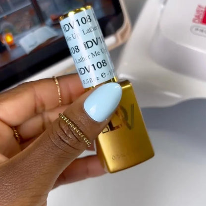 Close up of DIVA 018 Lather Me Up sky blue pastel gel polish swatch