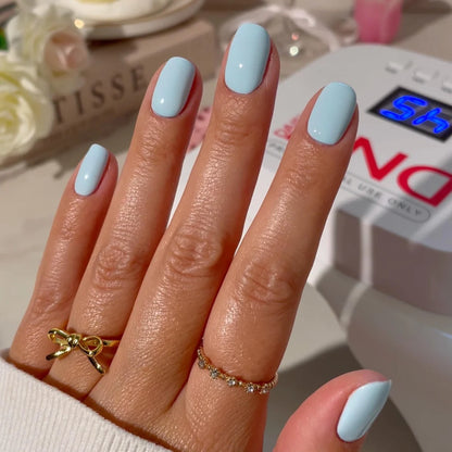 Pastel blue gel nails manicure using DIVA 018 Lather Me Up polish
