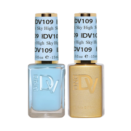 DIVA 109 Sky High bright sky blue gel nail polish bottle and nail lacquer duo