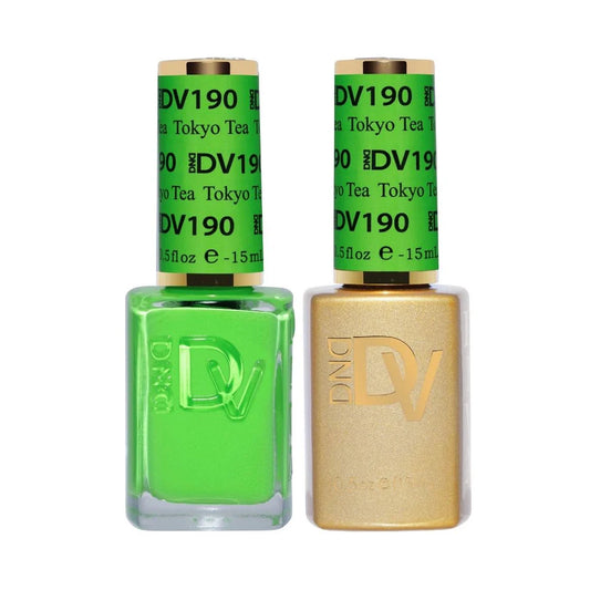 DIVA #190 Tokyo Tea gel and lacquer duo bottle set showing neon green salon polish system