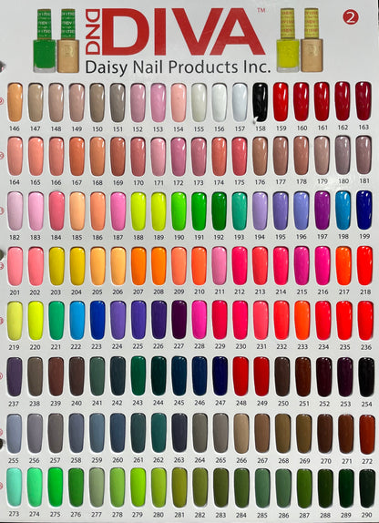 DIVA swatch collection display showing Mimosa #203 soft canary yellow within full gel and lacquer range