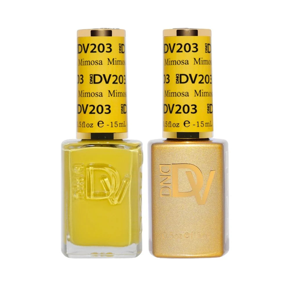 DIVA #203 Mimosa gel and lacquer duo set showing soft neutral yellow salon polish system