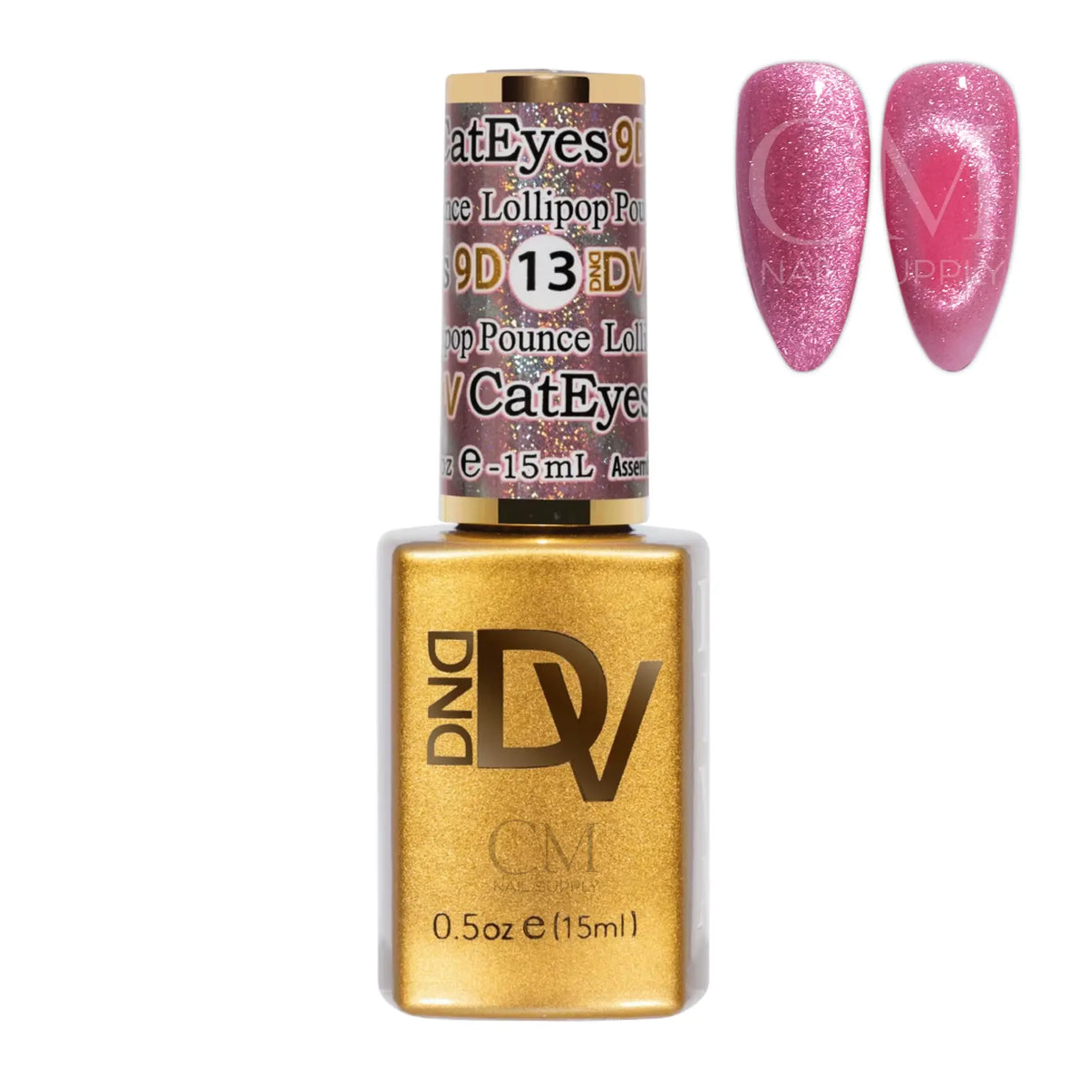 DIVA 9D Cat Eye Candy #13 Lollipop Pounce cat eye gel polish bottle next to a carnation pink cat eye nail polish swatch.