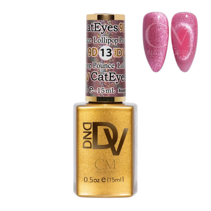 DIVA 9D Cat Eye Candy #13 Lollipop Pounce cat eye gel polish bottle next to a carnation pink cat eye nail polish swatch.
