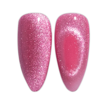 Close up swatch of DIVA 9D Cat Eye Candy #13 Lollipop Pounce showing the carnation pink cat eye nail polish effect.