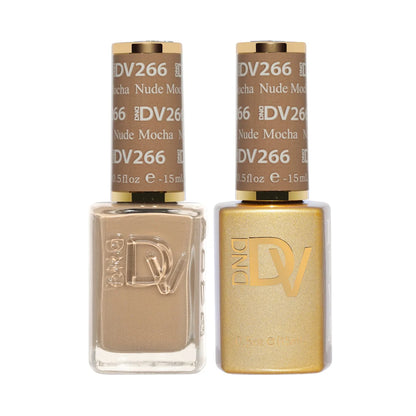 DIVA Duo Gel Polish and Nail Lacquer #266 Nude Mocha beige taupe set with matching bottles