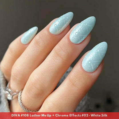 Close up of manicured hand with DIVA Lather Me Up pastel blue gel nails