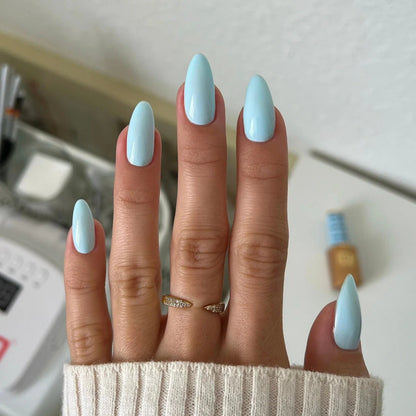 Sky blue pastel gel manicure painted with DIVA Lather Me Up on natural nails