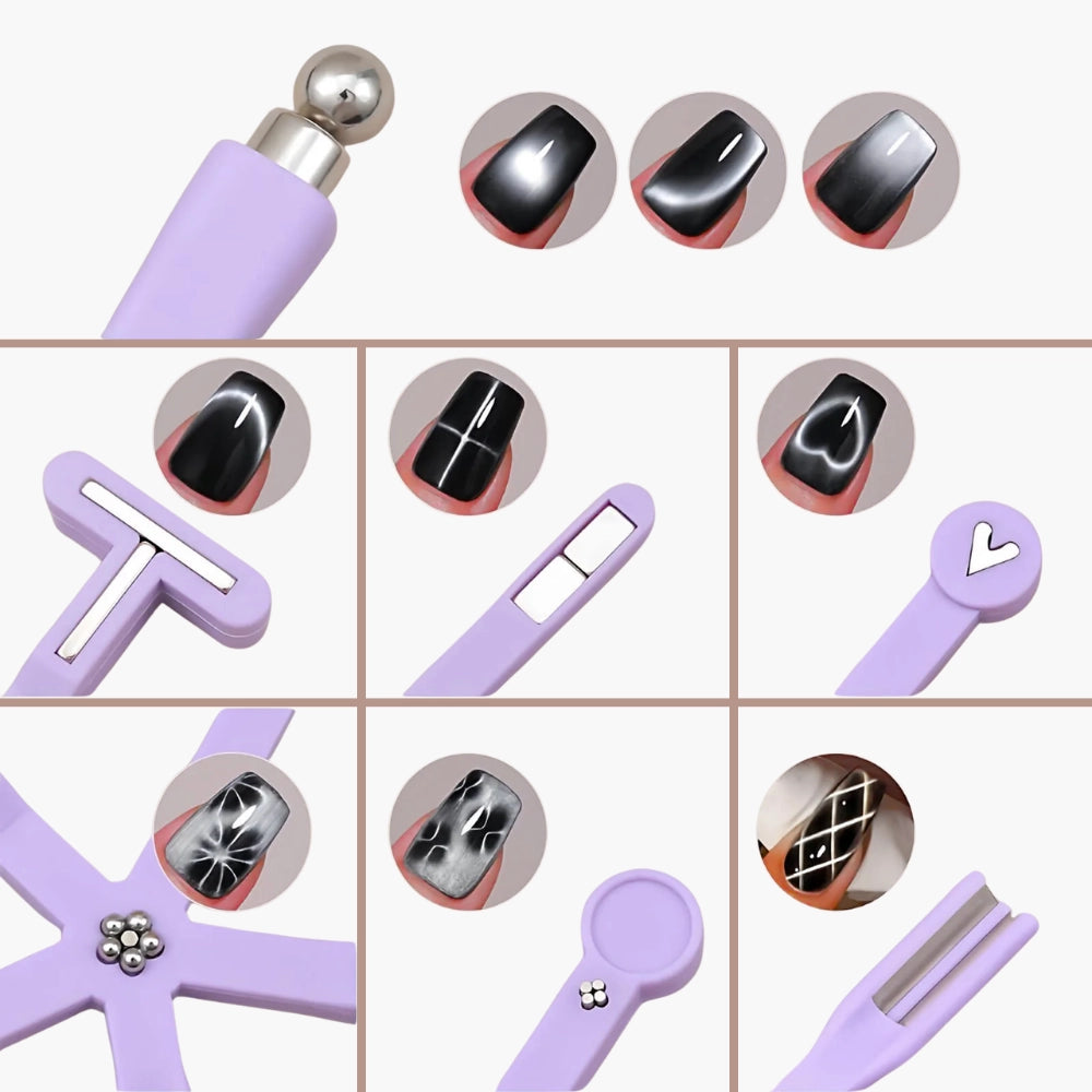 A lightweight and portable 8-in-1 cat eye magnetic tool resting next to colorful gel polish bottles on a clean manicuring table, perfect for DIY nail art.