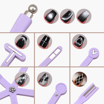 A lightweight and portable 8-in-1 cat eye magnetic tool resting next to colorful gel polish bottles on a clean manicuring table, perfect for DIY nail art.